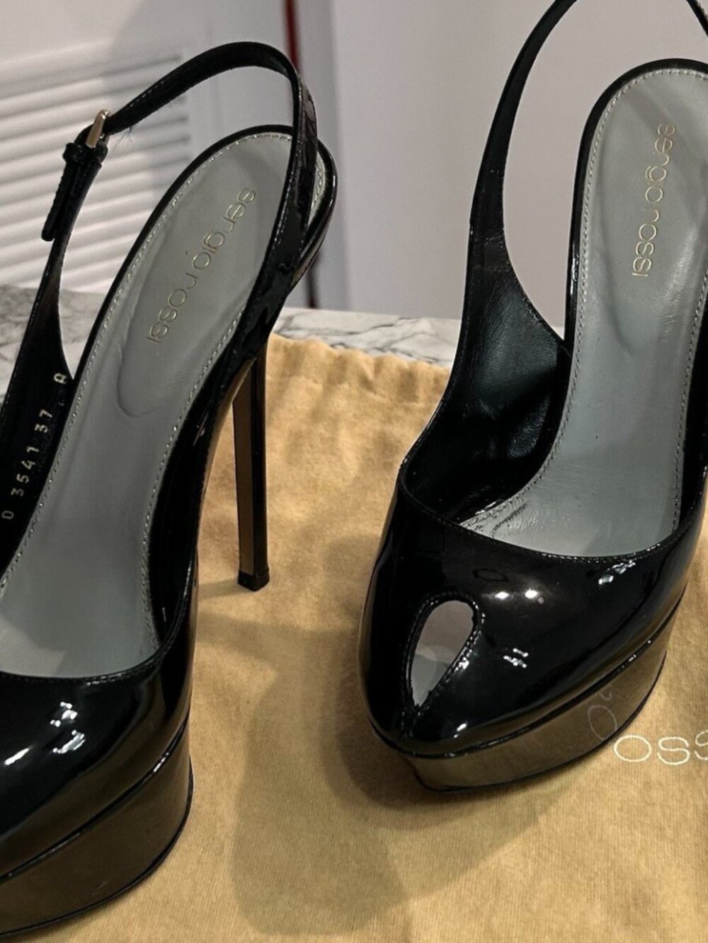 SERGIO ROSSI Black Patent Leather Platform Slingback Sandals Almond Peep Toe - Picture 2 of 8